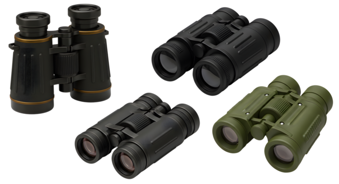 Multiple binoculars in black and green on a black background on transparent background