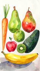 Watercolor illustration of various fruits and vegetables