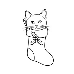 A black and white illustration of a kitten inside a Christmas stocking decorated with holly.