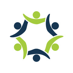 Six abstract figures in dark blue and green forming a circle group teamwork