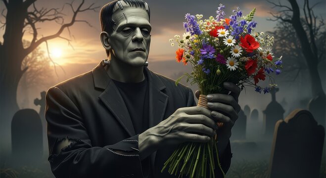 Frankenstein's monster offers a bouquet of flowers in a spooky graveyard at sunset