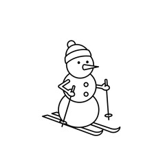 A cheerful snowman enjoys downhill skiing, wearing a winter hat and holding ski poles.