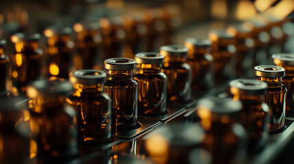 Filling line of a pharmaceutical production unit, small brown glass vials are filled with liquid in a sterile environment. Healthcare industry background, wallpaper