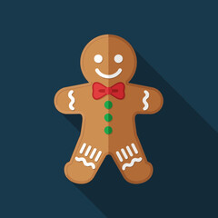 A smiling gingerbread man with a red bow tie and green buttons, flat design.