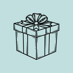 A stylized, outlined illustration of a square gift box tied with a decorative ribbon and bow.