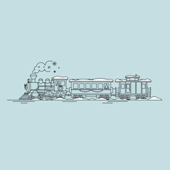 A charming, stylized illustration of a vintage steam train, adorned with festive garlands and covered in a dusting of snow, traveling through a winter landscape.