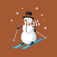 A cheerful snowman wearing a top hat and striped scarf is actively skiing down a slope with snowflakes falling around it.