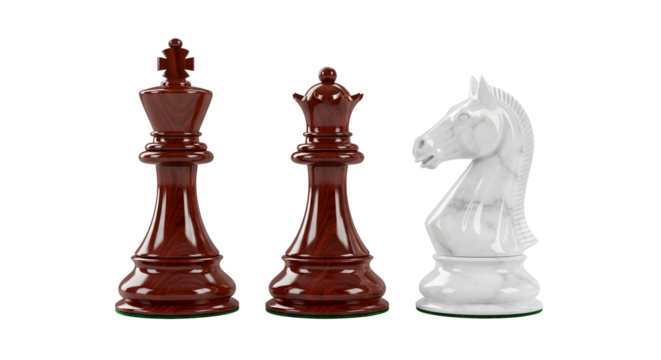 Chess pieces: king, queen, and knight on transparent background