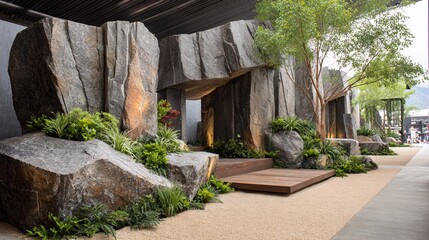 Serene Landscape with Large Rocks and Lush Greenery in Modern Setting