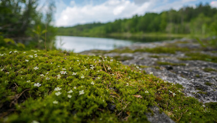 Fototapeta premium Vibrant Green Moss Productivity by the Lakeside in Nature