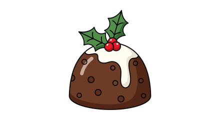 A festive cartoon Christmas pudding with white icing and a holly sprig garnish.