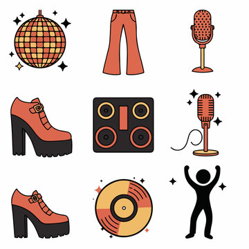 Retro Disco Party Icons: Funky 70s Music, Fashion, and Dance Elements Collection