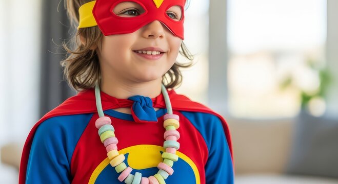Joyful child dressed as a superhero, smiling brightly, ready for adventure and imaginative play