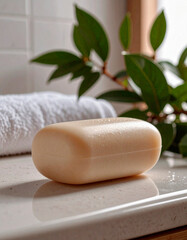 Natural soap resting on a marble countertop with a towel and plant in a bright bathroom setting