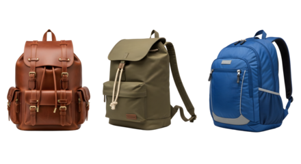 Three backpacks: brown leather, olive green canvas, and blue nylon on transparent background