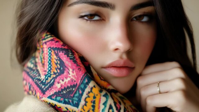 A vibrant and stylish young woman wrapped in a bright and patterned scarf