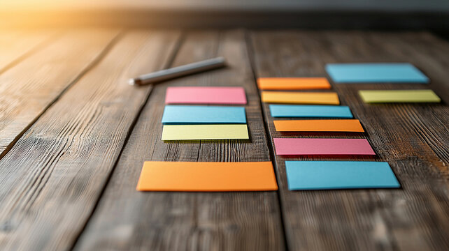 Colorful Sticky Notes Arranged On Rustic Wooden Surface