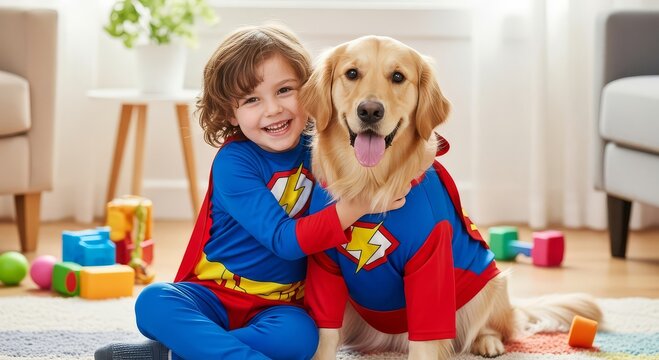 Joyful child and golden retriever dressed as superheroes share a heartwarming moment together indoors - Powered by Adobe
