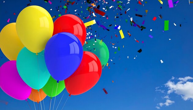 Colorful balloons and confetti against a vibrant blue sky
