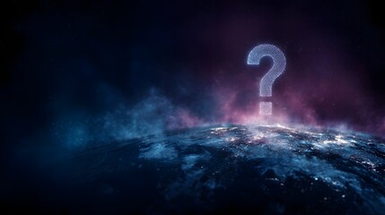 A luminous particle based question mark floats above a futuristic planet symbolizing global inquiry and cosmic mystery in a dark star filled nebula