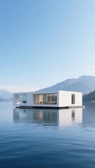 Modern Floating House on Calm Water with Mountain Backdrop
