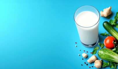 Fresh Milk and Organic Vegetables Arranged on a Bright Blue Background for Healthy Lifestyle Concept and Nutritional Inspiration