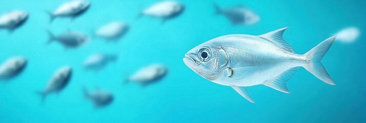Underwater Scene with a Single Silver Fish Surrounded by a School of Blurred Fish in a Vibrant Blue Ocean Environment