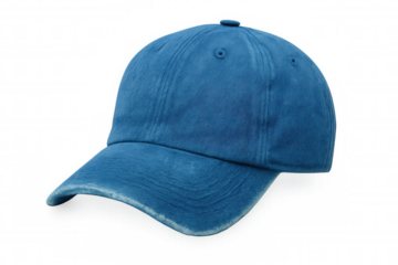 Blue denim-style baseball cap isolated on a transparent background, showcasing a casual and sporty fashion accessory with a curved brim