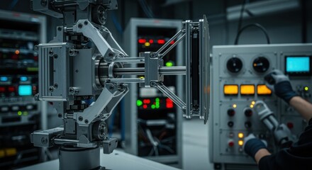 Detailed view of an intricate radar antenna array with focus on mechanical components during calibration in a specialized tactical facility.