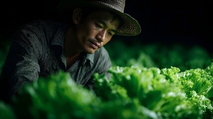 A farmer carefully inspects lush green vegetables in a field ensuring their healthy growth and for harvest