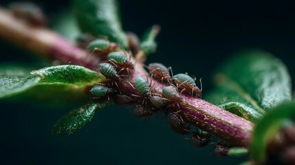 A dense cluster of green aphids infests a vibrant plant stem and its leaves in a detailed ro shot