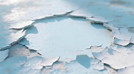 Close-up shot of peeling light-blue paint creating a circular copy space, showing texture and damage with a faded, minimalist aesthetic against a light background.