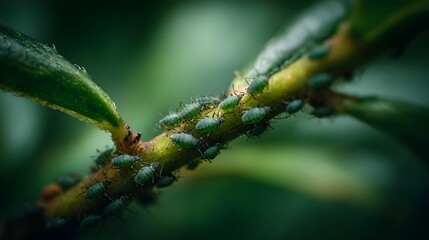 Fototapeta premium A cluster of green aphids infesting a vibrant plant stem and leaf in a close up ro view highlighting their presence