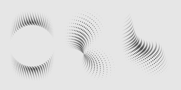 Set of dotted curved abstract shapes. Dotted pattern in halftone theme. Curved and twisted abstract gradients. Vector design element in black and white color.