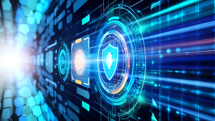 Digital shield interface with glowing blue circuits and data streams technology security
