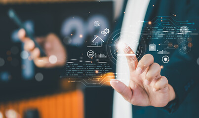 Concept online auction, digital real estate, AI technology. business professional uses holographic...