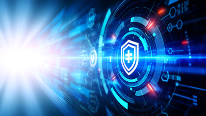 Digital shield security interface glowing blue abstract circuit