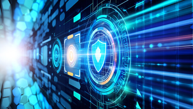 Digital shield interface with glowing blue circuits and data streams technology security