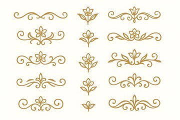 Naklejka premium A collection of golden floral dividers and ornament elements for enhancing invitations, certificates, or design projects with a touch of elegance and sophisticated floral accents.