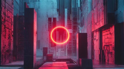 Glowing red neon circle illuminating futuristic cityscape - Powered by Adobe