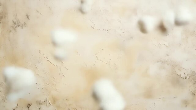 Abstract beige background with white blurred cloudlike shapes and dark speckles