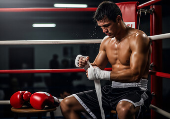 Boxer wrapping hands in boxing ring