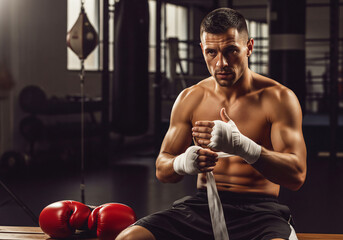 Boxer wrapping hands in gym