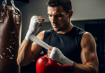 Boxer wrapping hands with bandages