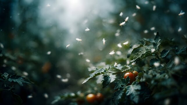Whiteflies swarm around a vibrant tomato plant illuminated by soft sunlight in a lush garden or greenhouse setting