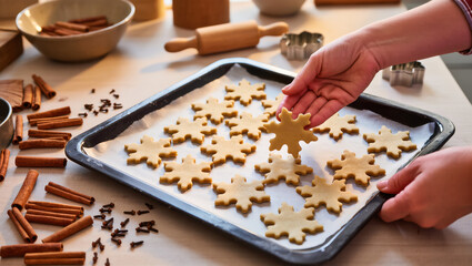 Hands placing raw snowflake cookies on baking tray with parchment paper, surrounded by cinnamon sticks and cloves on a kitchen table.