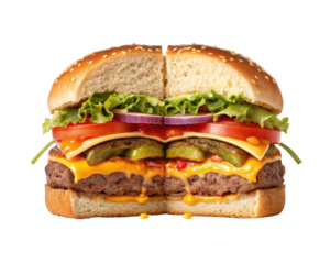 Juicy double cheeseburger vertical cross section close up delicious food photography