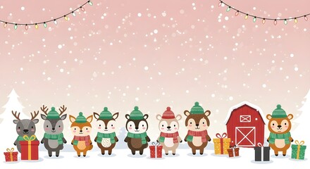 Fototapeta premium Tarjeta de Navidad con animales, estilo dibujado a mano.