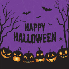 Happy Halloween Vector Illustration with Pumpkins, Bats and Spider Web.