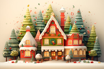 Typical Christmas houses in a snowy landscape with decorated Christmas trees and falling confetti, festive atmosphere full of magic and holiday spirit, illustration